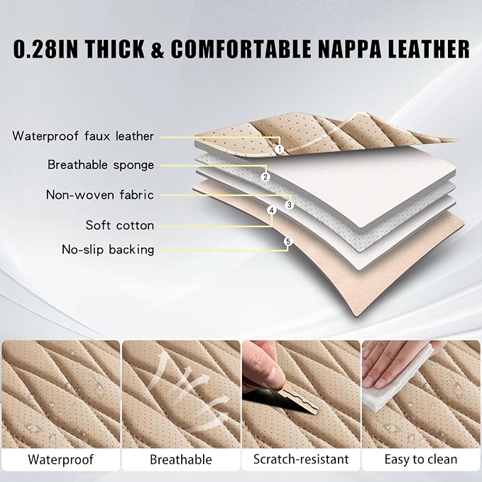 WELLDO Nappa Faux Leather Car Seat Covers Full Set, Beige | Waterproof, Non-Slip Seat Protector, 0.28in Thickened Cushion, Airbag Compatible, Universal for Cars SUV Truck Pickup - Image 2