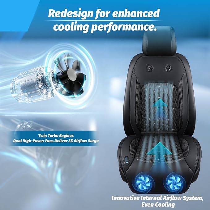 Cooling Car Seat Cover with 2 Powerful Turbo Fans, 12V-24V Ventilated Cooling Car Seat Cushion, 3-Speed Adjustable Breathable Cooling Seat Cover for Car SUV Truck Universal Fit - Image 3