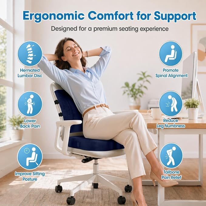 CloudBliss Ergonomic Seat Cushion & Lumbar Support Pillow Set, Blue, Large | Back Pain & Sciatica Relief, Memory Foam Support, Adjustable Straps, Machine Washable Velvet, Perfect for Office, Car, Gaming - Image 2