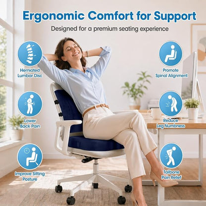 CloudBliss Ergonomic Seat Cushion & Lumbar Support Pillow Set, Blue, Large | Back Pain & Sciatica Relief, Memory Foam Support, Adjustable Straps, Machine Washable Velvet, Perfect for Office, Car, Gaming - Image 2