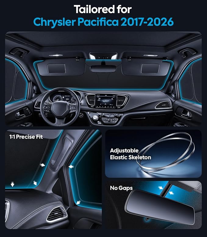 Wigoo 2026 8PC Full Set Window Sunshade for Chrysler Pacifica 2017-2026 | 7-Layer Cooler & Blacker, Ice-Crystal Tech, Full Set Shades With Windshield for Sun Block, Camping Accessories - Image 5