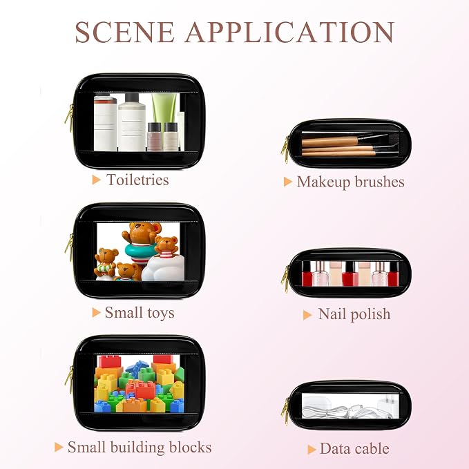 2-Piece Leather Clear Makeup Bag Set, Clear Cosmetic Bag with Zipper, Waterproof Makeup Brush Bag, TSA Approved Toiletry Bag for Travel, Car Organization for Women (Black-2, Slim+Medium) - Image 4