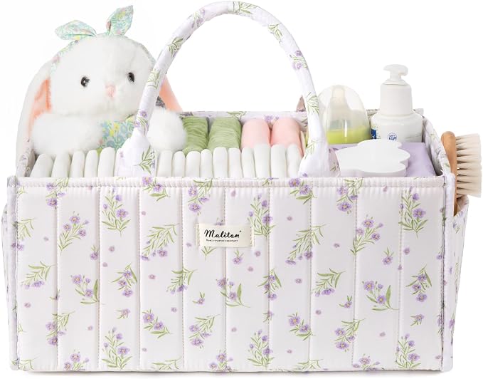 Maliton Diaper Caddy Organizer with 2 Side Pockets, Portable, Purple Floral | with Handle and Removable Dividers, Nursery Storage Basket, Car Organizer for Diapers & Wipes. Boy & Girl Shower Gift by Maliton