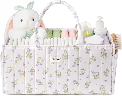 Maliton Diaper Caddy Organizer with 2 Side Pockets, Portable, Purple Floral | with Handle and Removable Dividers, Nursery Storage Basket, Car Organizer for Diapers & Wipes. Boy & Girl Shower Gift by Maliton