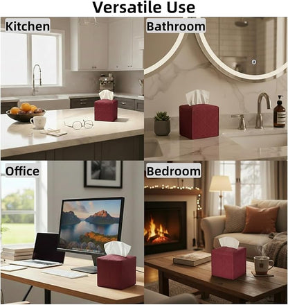 Tissue Box Cover 2-Pack, Square Tissue Holder with Bottom Belt, Modern Tissue Case Facial Paper Organizer Dispenser for Bathroom, Office, Home, Table, Car, Red, Linen Pattern - Image 5