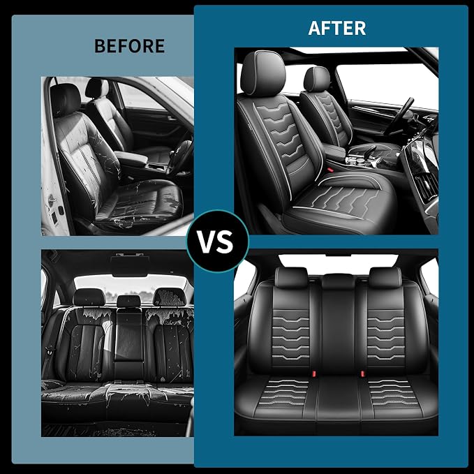 Fit Frontier Car Seat Covers Premium Leather for Nissan Frontier 2009-2025 2026. Waterproof， Breathable, Scratch-Resistant & All-Weather Seat Cushion Protector（Full Set,White Line Black - Image 5