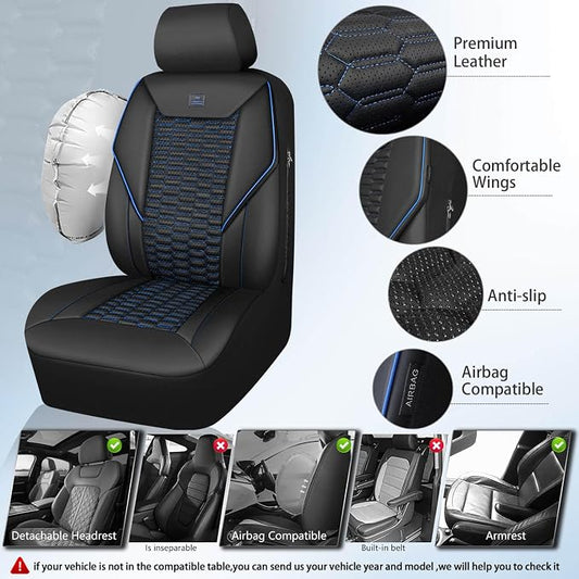 CAR PASS 3D Foam PU Leather Car Seat Covers Front Seats, Blue Faux Leather Front Seat Covers for Car, Universal Fit for SUV Truck Sedan Automotive, Armrest Airbag Compatible,Black and Blue - Image 2