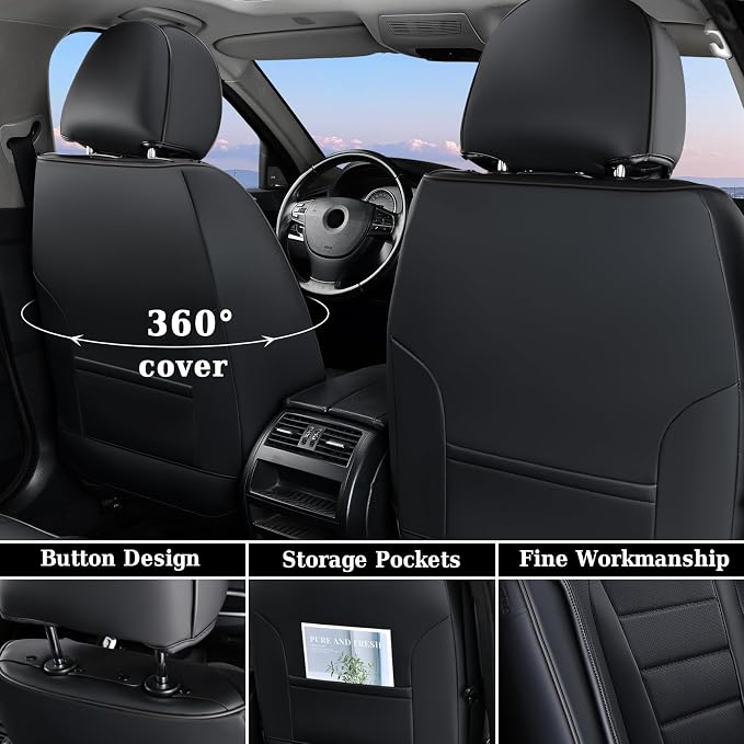 Coverado Car Seat Covers Full Set, Black Car Seat Cover, Seat Covers for Cars, Car Seat Protector, Nappa Leather Car Seat Cushion, Waterproof Car Seat Covers Front Seats and Back Fit for Most Cars - Image 2