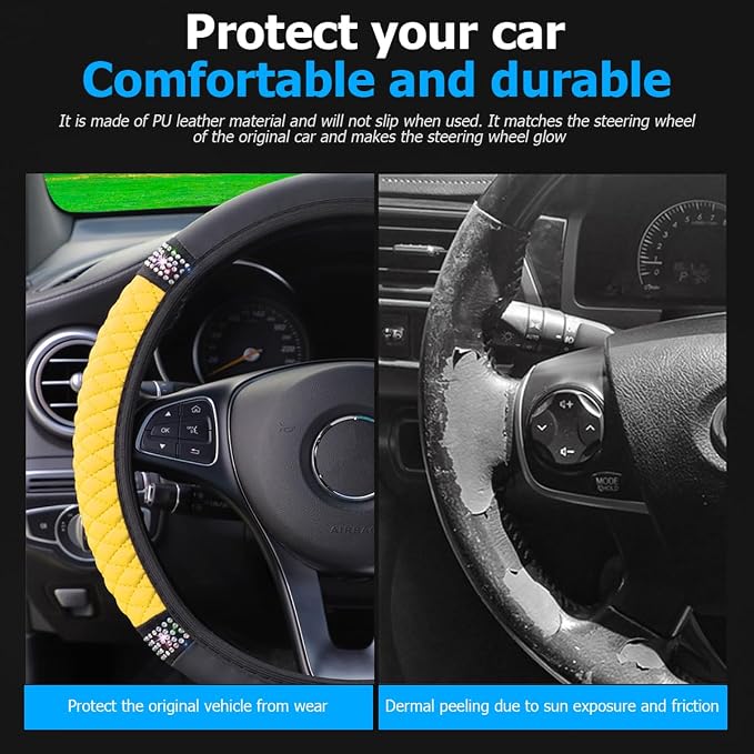 Osilly 15 Inch Rhinestone Leather Steering Wheel Cover, Yellow | breathable non-slip surface, flexible ringless design, hand-stretch setup, fits matching rim sizes, automotive accessories - Image 3