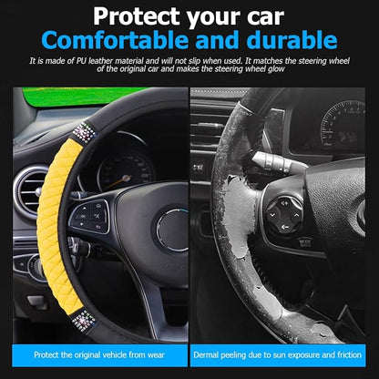 Osilly 15 Inch Rhinestone Leather Steering Wheel Cover, Yellow | breathable non-slip surface, flexible ringless design, hand-stretch setup, fits matching rim sizes, automotive accessories - Image 3