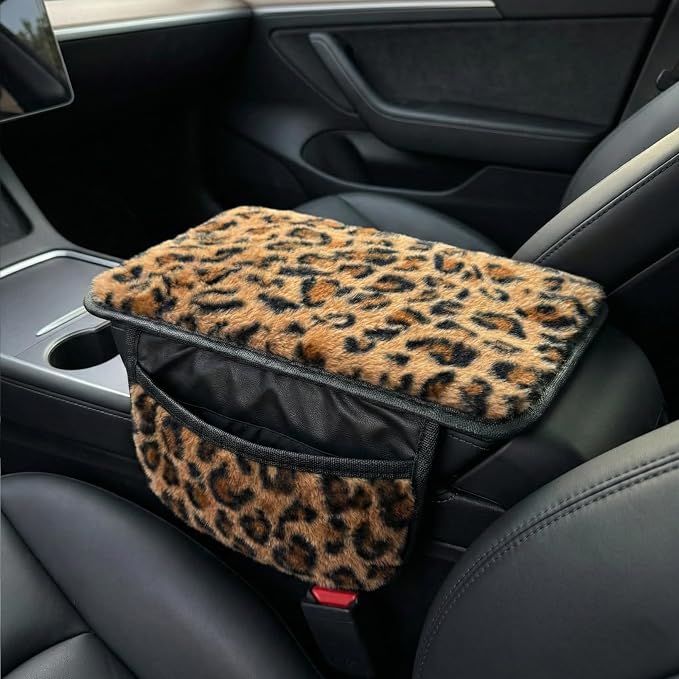 Plush Fuzzy Car Center Console Cover with Side Pockets, Leopard Print | Fluffy Armrest Cushion Pad,Soft Car Interior Accessories with Storage for Men & Women. Universal Fit for Vehicles SUV Truck - Image 2