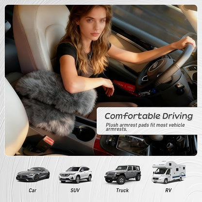 Fluffy Car Armrest Cover with Side Pockets – Plush Fuzzy Fur Center Console Armrest Cushion Pad, Universal Winter Car Interior Protector, Soft Arm Rest Cover with Storage for Women & Men (GRAY) - Image 6