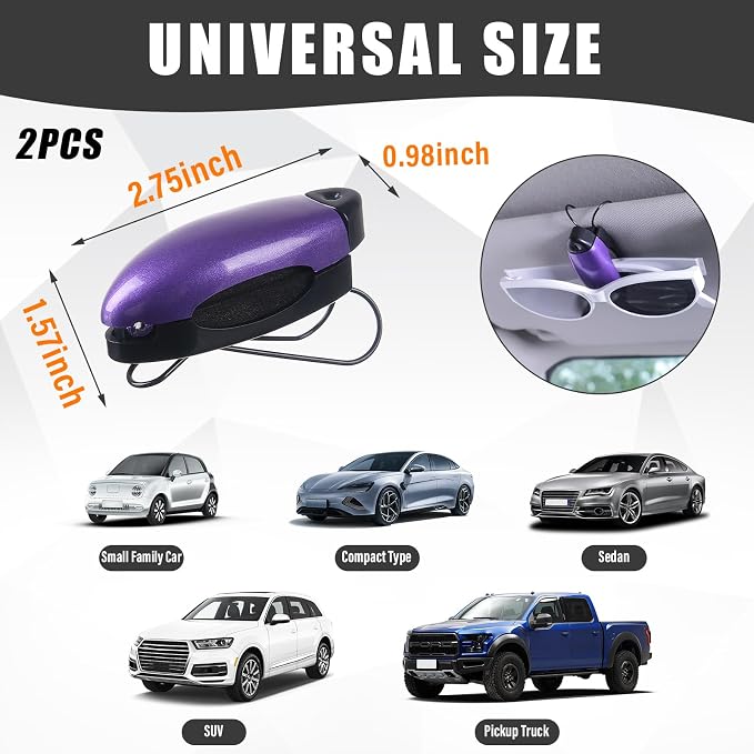 Kewucn 2 PCS Car Sunglasses Holders, Eyeglasses Glasses Hanger Clip for Car Sun Visor, Sunglasses Mount Ticket Card Clip, Universal Auto Visor Accessories for Different Size Eyeglasses (Purple) - Image 2