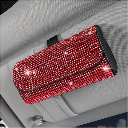 Osilly Bling Car Sunglass Holder for Sun Visor, Sparkling Crystal Leather Automotive Eyeglasses Mount Clip Organizer with Hidden Magnetic Closure for Men Women, Universal for SUV Truck Van（Red） by Osilly