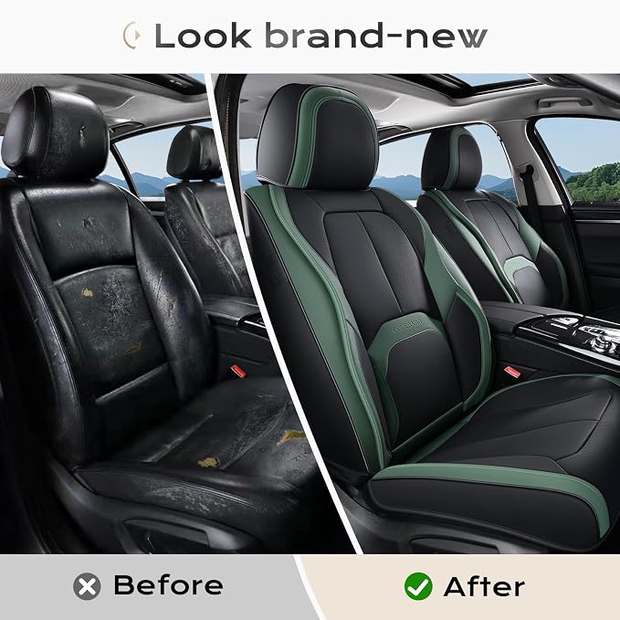 Coverado Automotive Seat Covers Front Seats, Leather Seat Covers 2 Pack, Black Green Car Seat Cover, Waterproof Car Seat Protector with Lumbar Support, Front Seat Covers Universal Fit for Most Cars - Image 5