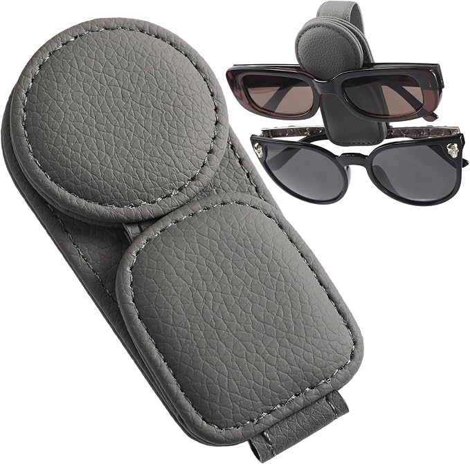 Konohan Sunglasses Holder for Car Visor Leather Eyeglass Hanger Magnetic Sunglasses Holder with 2 Clips(Light Gray) by Konohan