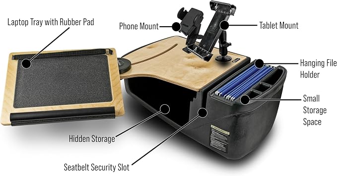 AutoExec Reach Desk Front Seat Car Desk and Portable Workstation with Phone Mount, Tablet Mount and Phone Vent Clip, Natural - Image 8