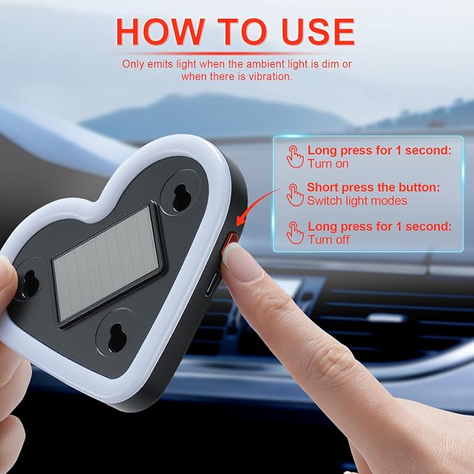 iFunyLED Heart-Shaped Solar Powered Car LED Interior Ambient Light, Wireless Lamp with 8 Lighting Modes, Dual Charging & Dual Sensor Design, Cute Car Accessories Gift for Women, Pack of 1 (Multicolor) - Image 8