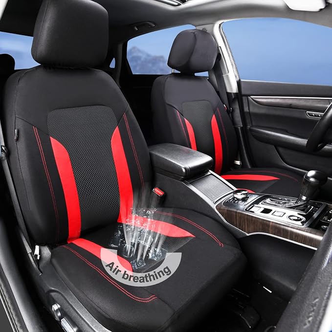 CAR PASS 3D Air Mesh Car Seat Covers Full Set, Breathable Sporty Rear Bench with Zipper for Armrest Box Universal Fit 95% Automotive SUV,Truck,Sedan Interior Cute Women Airbag Compatible, Black Red - Image 2