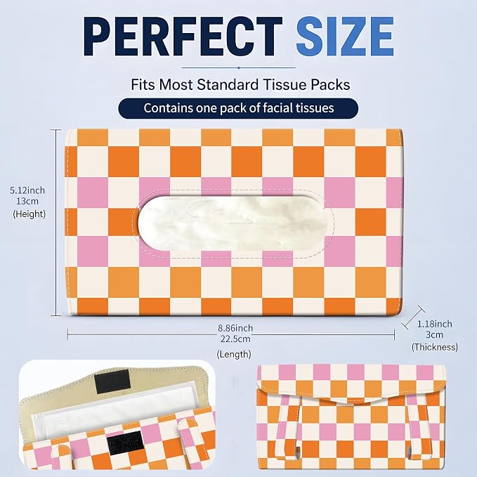 Car Tissue Holder, Cute Sun Visor Napkin Holder Backseat Tissue Case, PU Leather Tissue Box, Funny Car Accessories for Women Men Colorful Funny Plaid - Image 4