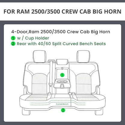 Custom Seat Covers for 2019-2026 Ram 2500/3500 CrewCab Bighorn,Faux Leather | Full Set Heavy Duty Pickup Seat Cushion,Front w/No Headrest Cutout,Rear 40/60 Split Curved Bench Seat,Black - Image 4