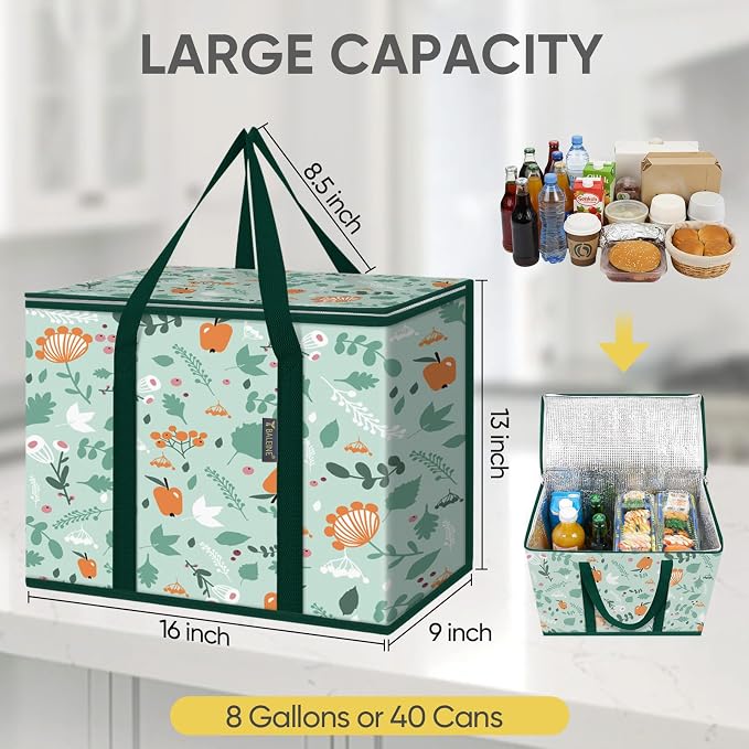 BALEINE 2Pk Insulated Reusable Grocery Bags, Collapsible Cooler Bag for Groceries, Heavy Duty Large Insulated Bag (16''x9''x13'', Spring Stroll) (Pack of 10) - Image 4