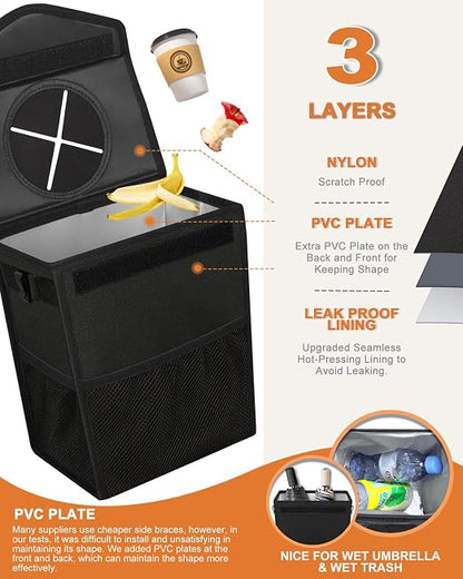 Pritent Car Trash Can with Lid Leakproof Car Garbage Bag Vehicle Trash Bin | Hanging Automotive Garbage Can,Multipurpose Car Accessories for Women Men Interior Car Storage Organizer(2.8 Gal,Black) - Image 3