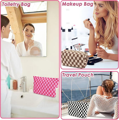 Travel Makeup Bag, Checkered Cosmetic Bag Make Up Organizer Case for Women, Small Toiletry Bag Skincare Pouch for Toiletries Accessories Brushes, 2PCS - Image 7