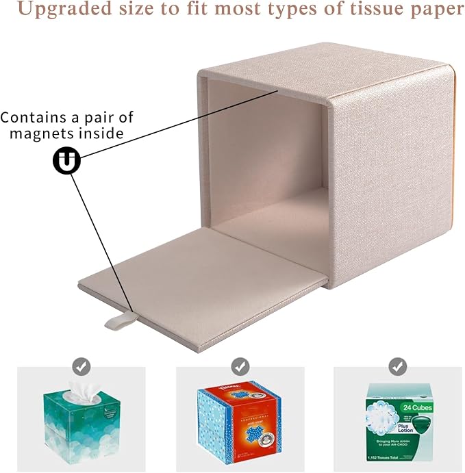 Linen Square Tissue Box Cover,Cube Tissue Box Holder－Excellent Rosegold Leather Decoration,Table Napkin Case Dispenser,Facial Tissues Organizer with Magnetic Bottom for Home Office Car(Beige) - Image 5