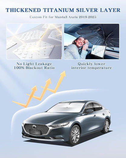 [Upgrade] Portable for Mazda 3 2019-2025 Accessories Hatchback/Sedan Windshield Sunshade[Military-Grade Sturdy] with Carry Bag, 2 in1 Ice Crystal Durable Compact Shade Umbrella UPF50+ Outdoor Camping - Image 2
