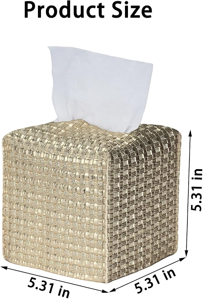 Tissue Box Cover 2-Pack, Square Tissue Holder with Bottom Belt, Modern Tissue Case Facial Paper Organizer Dispenser for Bathroom, Office, Home, Table, Car, Woven Pattern Golden - Image 4