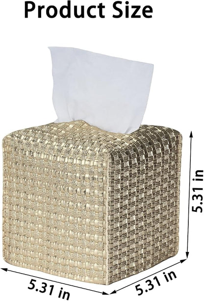 Tissue Box Cover 2-Pack, Square Tissue Holder with Bottom Belt, Modern Tissue Case Facial Paper Organizer Dispenser for Bathroom, Office, Home, Table, Car, Woven Pattern Golden - Image 4