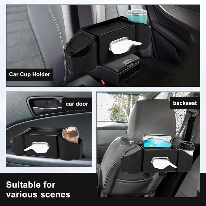 7-In-1 Car Seat Back Organizer with Cup Holders, Tissue Box, Garbage Can&Hooks, Multifunctional Headrest Storage Organizer, Headrest Cup Holder for Backseat, Car Accessories for Trips, Travels(Black) - Image 6
