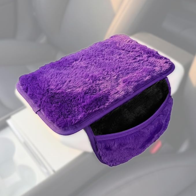 Plush Fuzzy Fur Car Armrest Cover with Side Pockets,Purple | Fluffy Armrest Cushion Pad,Soft Center Console Cover,Car Interior Storage Accessories ,for Most Car Decoration Protector - Image 8