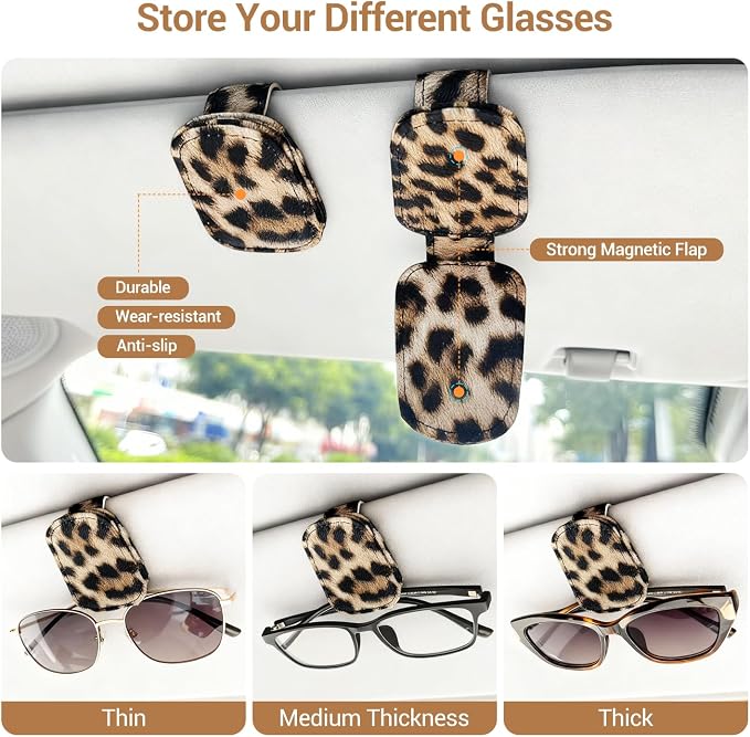 Sunglass Holder for Car, Universal Magnetic Car Sun Visor Eyeglass Holder, Leather Glasses Clip for Car, Ticket Card Clip (1, Leopard) - Image 2