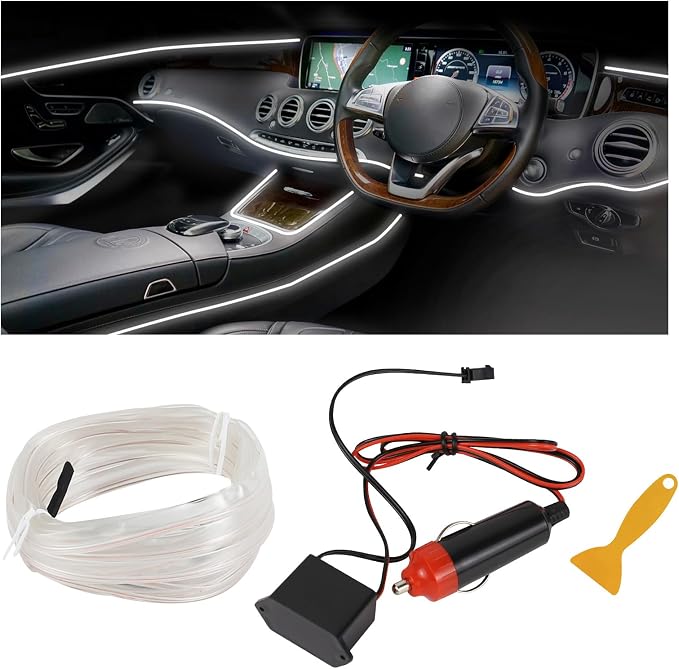 EL Wire Interior Car LED Strip Lights, 16.4FT RGB Cigarette Lighter Neon Automotive Light Strip, Electroluminescent Vehicle Ambient Lighting Kit, Interior Decoration Car Accessories (White) by Hbxdeco