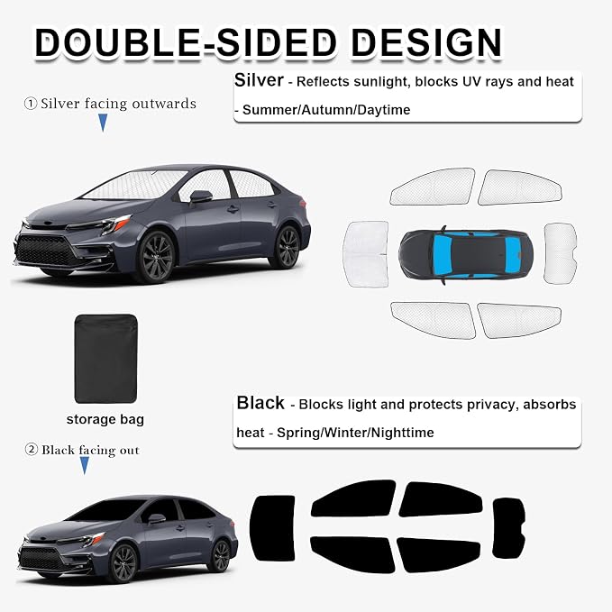 KMF 6pcs Thicken Sun Shades for Toyota Corolla 2020-2025 2026 Accessories (Not Corolla Cross), Full Car Window Covers for Windshield Side Rear, UV Block and Privacy Blackout for Camping - Image 4