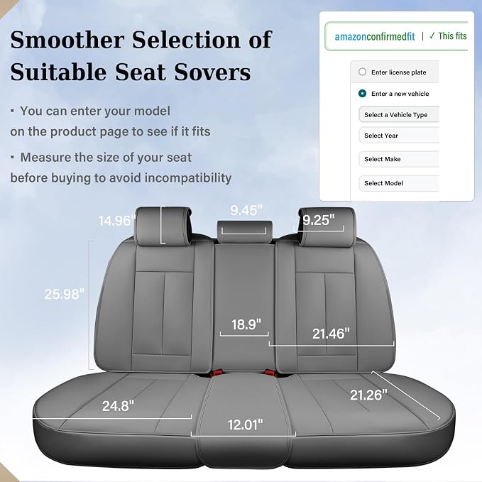 Coverado Back Seat Cover, Gray Seat Covers for Cars, Waterproof Back of Car Seat Protector for Kids, Nappa Leather Car Seat Cushion, 3-Pieces Universal Fit Most Cars Interior Backseat Covers - Image 3