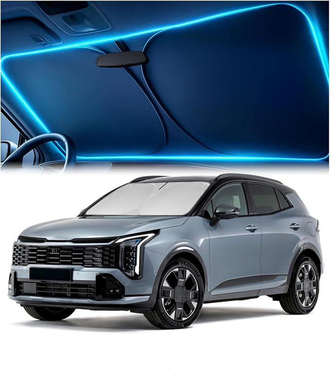Windshield Sun Shade for Kia Sportage 2023 2024 2025 2026 – Custom Fit Sun Shield with Mirror Cut‑Out, Blocks Heat & UV, Foldable with Storage Pouch - Kia Sportage Windshield Sunshade by Autopect