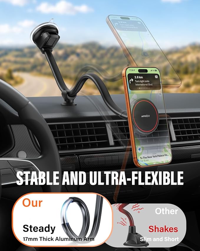 APPS2Car Cell Phone Car Mount for MagSafe, 14'' Windshield Phone Mount | Magnetic Car Phone Mount, Long Gooseneck Arm, Strong Suction & Magnetic Hold, Fits iPhone 17 Pro Max Plus 16 15 14 13 12 Mini - Image 6