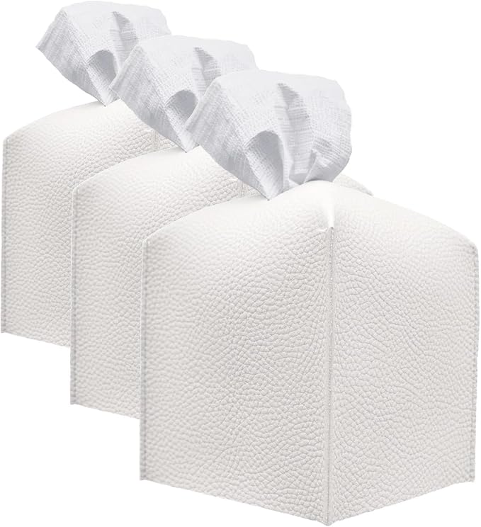 Carrotez Tissue Box Cover, Refined Modern PU Leather Square Holder - Decorative Holder/Organizer for Bathroom Vanity Countertop, Night Stands, Office Desk & Car 5"X5"X5" White (Pack of 3) by Carrotez