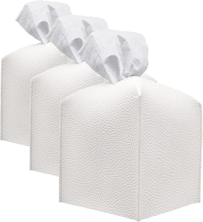 Carrotez Tissue Box Cover, Refined Modern PU Leather Square Holder - Decorative Holder/Organizer for Bathroom Vanity Countertop, Night Stands, Office Desk & Car 5"X5"X5" White (Pack of 3) by Carrotez