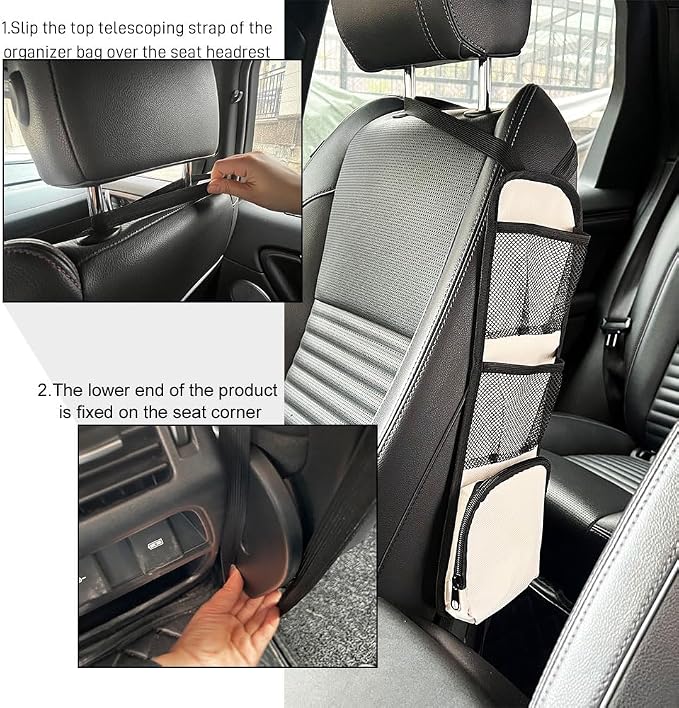 Car Seat Side Storage Pocket, Car Seat Organizer Hanging Bag (1, Beige) - Image 6