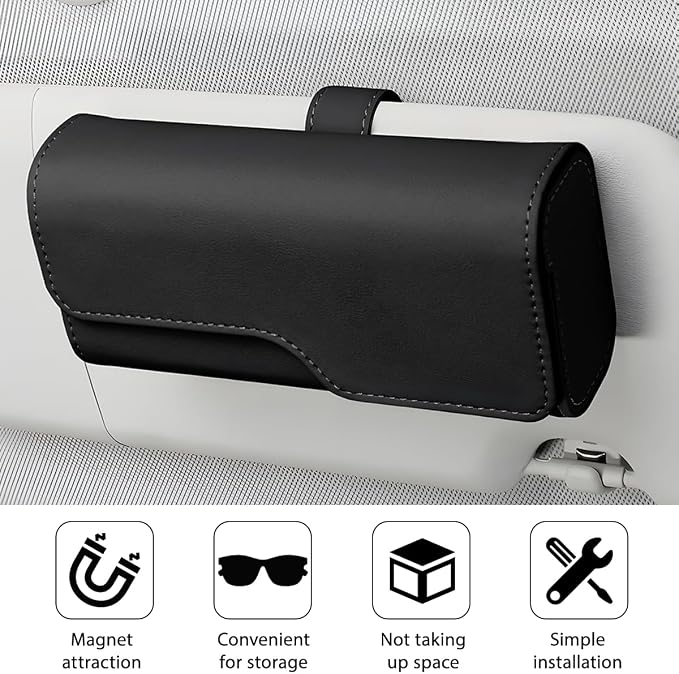 Zpana Sunglass Holder for Car Visor, Leather Auto Eyeglasses Sun Visor Organizer Case with Hidden Magnetic Closure, Auto Protective Glasses Storage Box, Universal for SUV RV Truck (Black) - Image 3