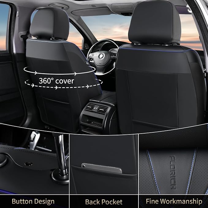 FLORICH Automotive Car Seat Covers Front Seat, Leather Car Seat Cover 2 Pack Waterproof Front Seat Covers Full Coverage Driver Seat Protector Universal Fit for Most Cars SUV Trucks, Black&Blue Line - Image 2
