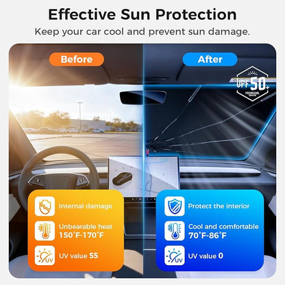 Windshield Sun Shade Umbrella, Foldable Car Sunshade for Front Windshield, UV Block & Heat Reduction Sunshade, Durable Reinforced Frame, Easy Install Sunshade for Cars, SUVs & Trucks (57" x 32") - Image 3