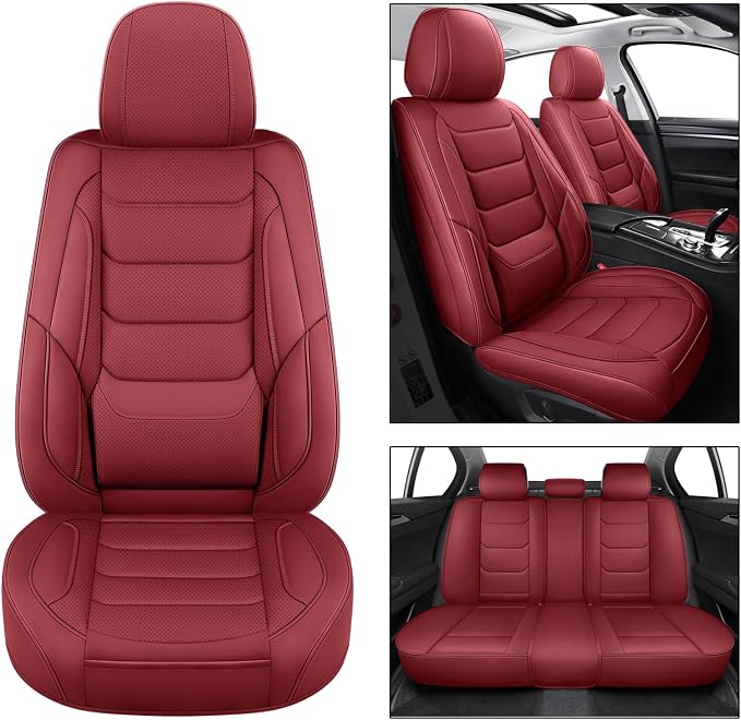 Leather Car Seat Covers Full Set Automotive Seat Protectors | Breathable Waterproof Durable Full Surround & Lumbar Support Design Non-Slip Universal Fit for Most Cars SUVs Trucks Vans Red - Image 9