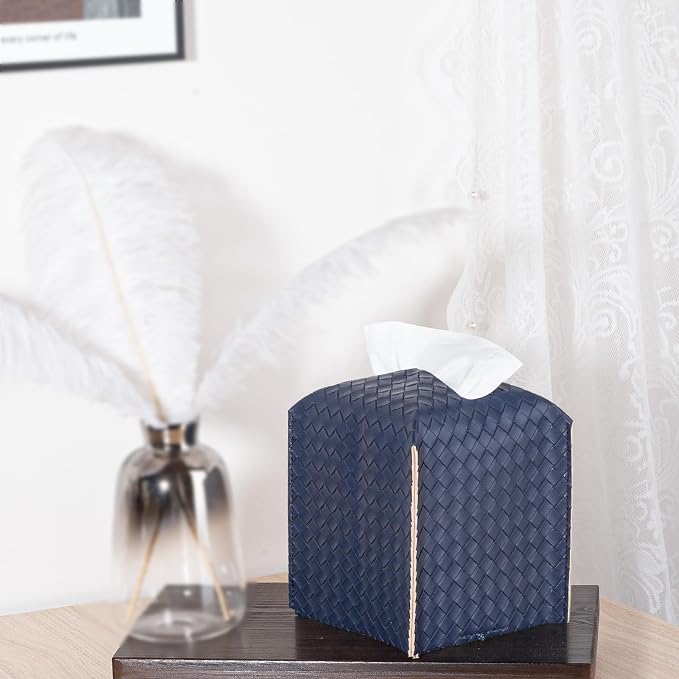 Tissue Box Cover Square Leather Facial Paper Holder, Navy Blue | PU Leather，Easy to Fill, Easy Clean, Decorative Cube Tissue Box Holder for Office, Bathroom,Kitchen, Living room, Guest room - Image 2