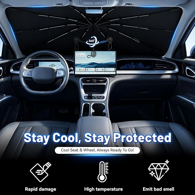 Foldable Car Windshield Sun Shade Umbrella with Rearview Mirror Notch, Titanium Silver UV Blocker for Heat Reduction, Bendable Handle & Anti-Scratch Tips, Fits Sedan SUV (Large 57"x33") - Image 5