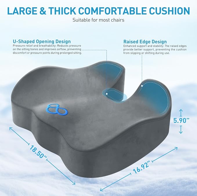 BlissTrends Extra Thick Seat Cushion for Office Chair & Car Seat, LightGrey | XX-Large Tailbone & Sciatica Relief, Ergonomic Support, High-Density Memory Foam, Comfort for Extended Sitting - Image 2